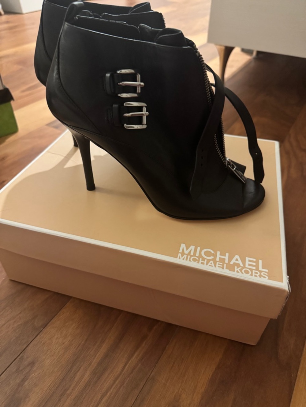 Michael Kors Black Leather Peep-Toe Stiletto Ankle Boots with Buckle Detail